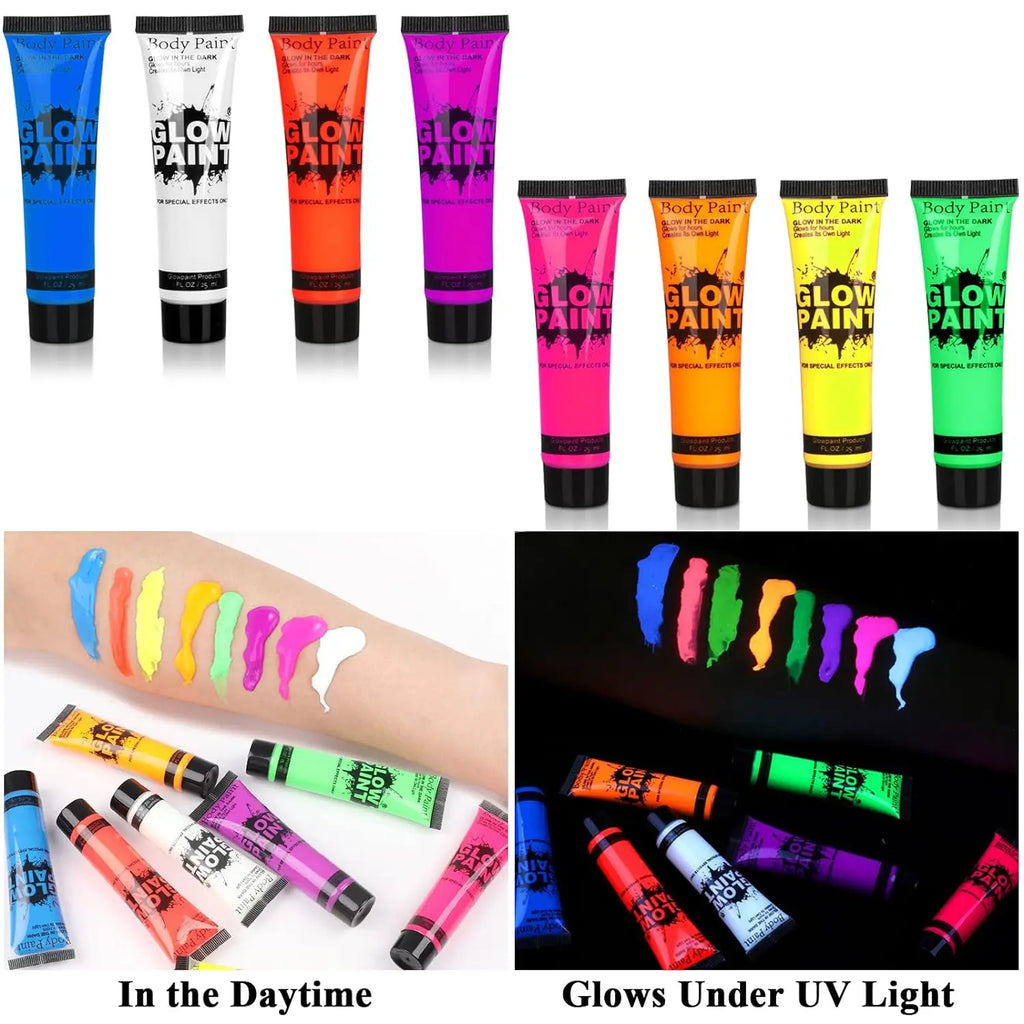 UV Neon Oil Face and Body Art Paint, 8 Tubes Glow in the Dark Body Paints Makeup, Neon Fluorescent Glow in Dark Party Cosmetics Quake