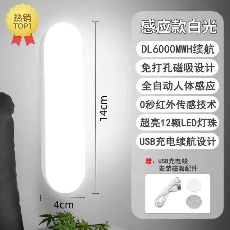Wireless LED Motion Sensor Lamp Night Lights USB Rechargeable Magnetic For Wardrobe Room Closet Kitchen Aisle Tube Detector Bulb Quake WHITE