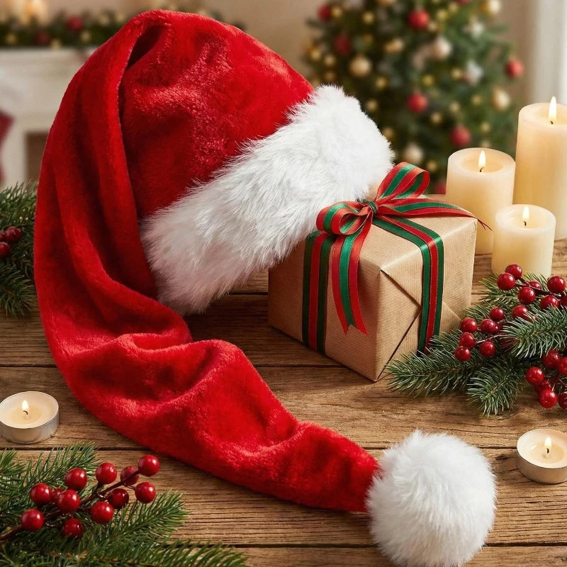 1PC Soft Short Plush Extra Long Christmas Hat Long Fluffy Santa Hat Festive Head Accessory for Christmas Decoration Gifts Quake