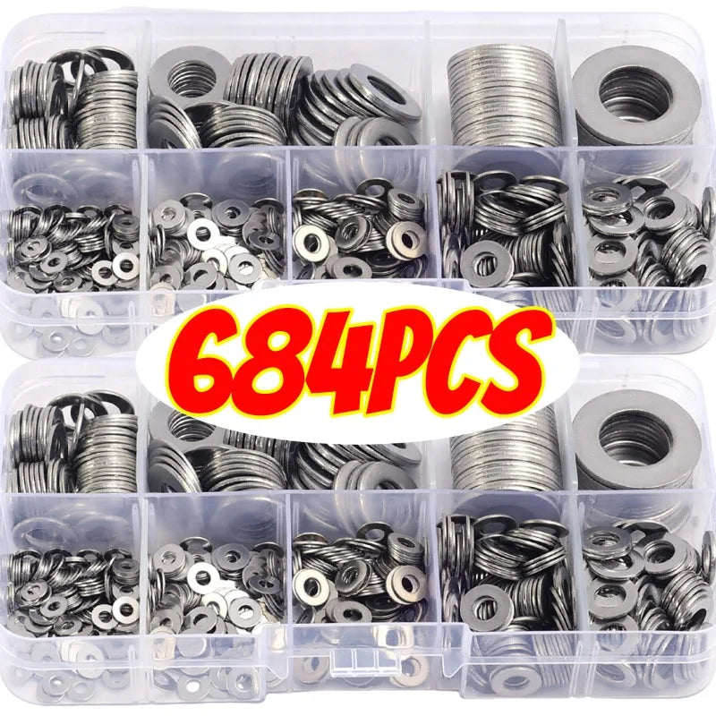 684/180PCS Stainless Steel Screw Washers Multi-function Plain Washer Gaskets Assortment Kit Sturdy Hardware Metal Washers M2-M12 Quake