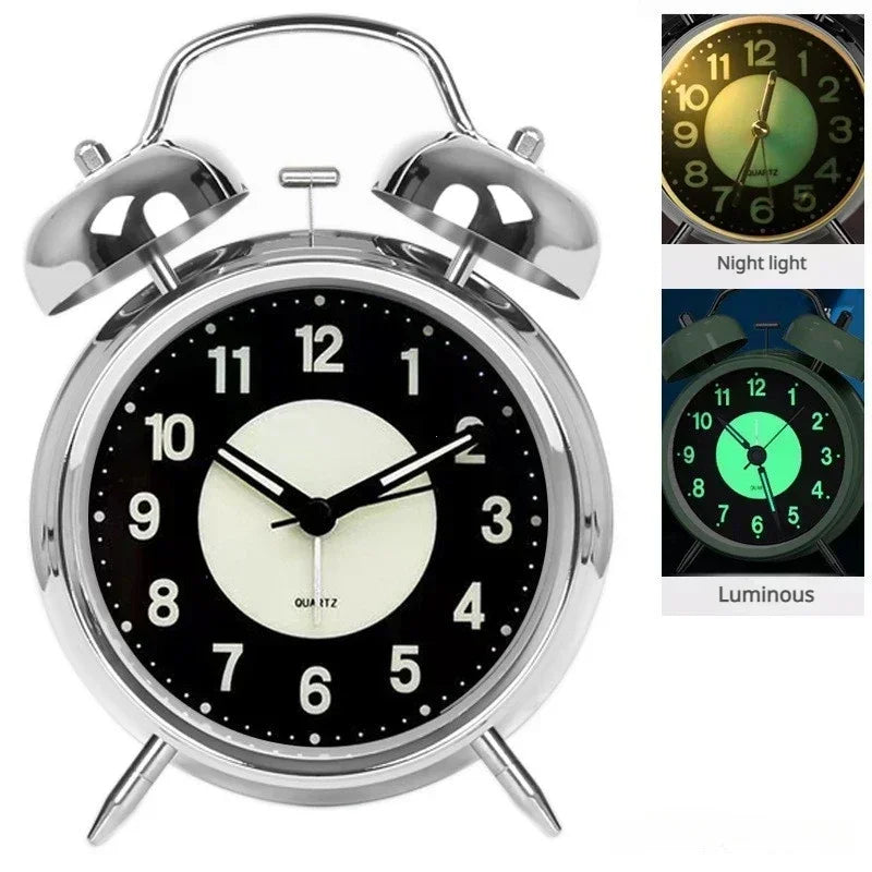 Super Loud Alarm Clock Metal Twin Bell Alarm Clock with Night Light Retro Bedside Clock Silent Table Desk Clocks for Home Bedroo Quake