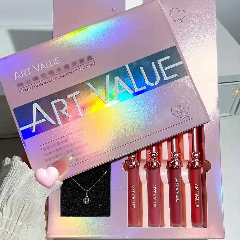 Cute Bear Lip Mud Necklace Set Gift Box,Matte Mirror Lipstick Non-Stick Cup,Ideal Jewelry and Makeup Set,Birthday Gift for Girls Quake