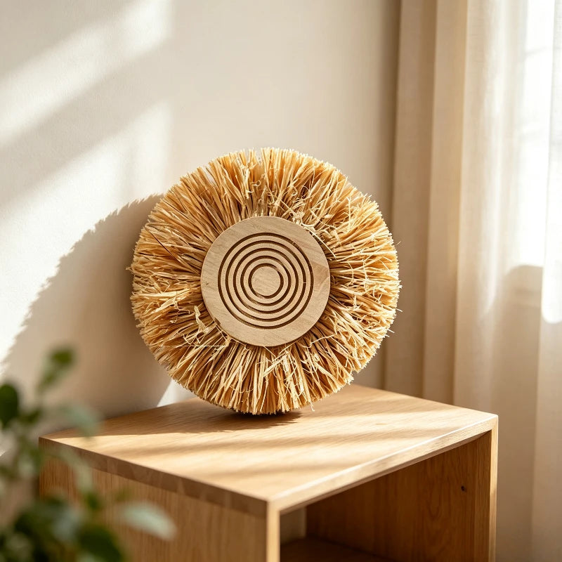 Hand‑Woven Straw Wall Hanging Boho Round Wicker Wall Decor Rustic Tapestry Ornament for Home Living Room Entryway Quake