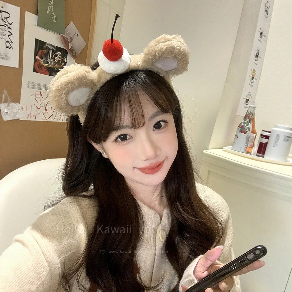 Cute Plush Cherry Bear Ear Headband Birthday Amusement Park Photo Wash Face Headband Sweet Cute Girls Hair Styling Accessories Quake