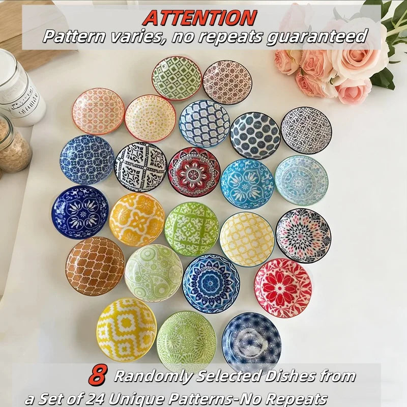 4/8/12 Bohemian-Style Ceramic Small Seasoning Plate, Soy Sauce Sauces, Randomly Dispatched with Patterns and Designs Quake Random Pat-8 dishes