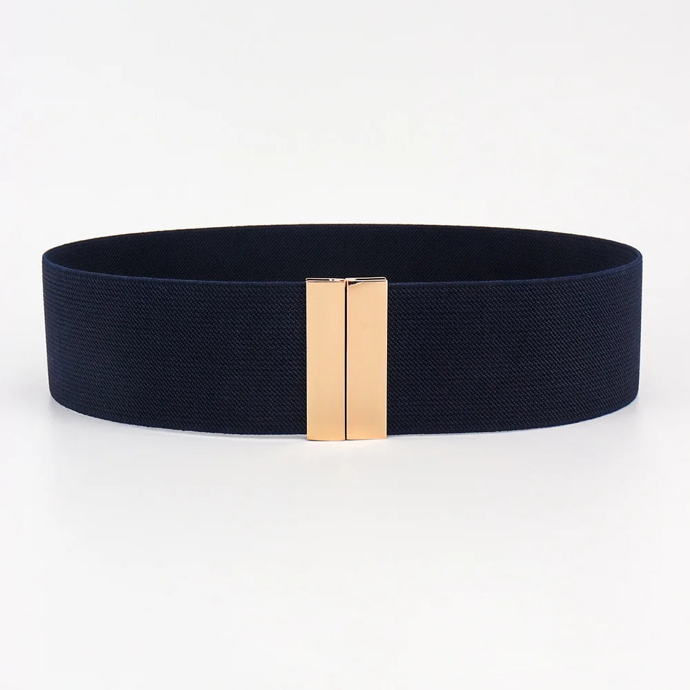 New Wide Elastic Belt Solid Color Metal Buckle Stretch Cinch Waistband Waistband Corset Belt Down Coat Quake blue gold