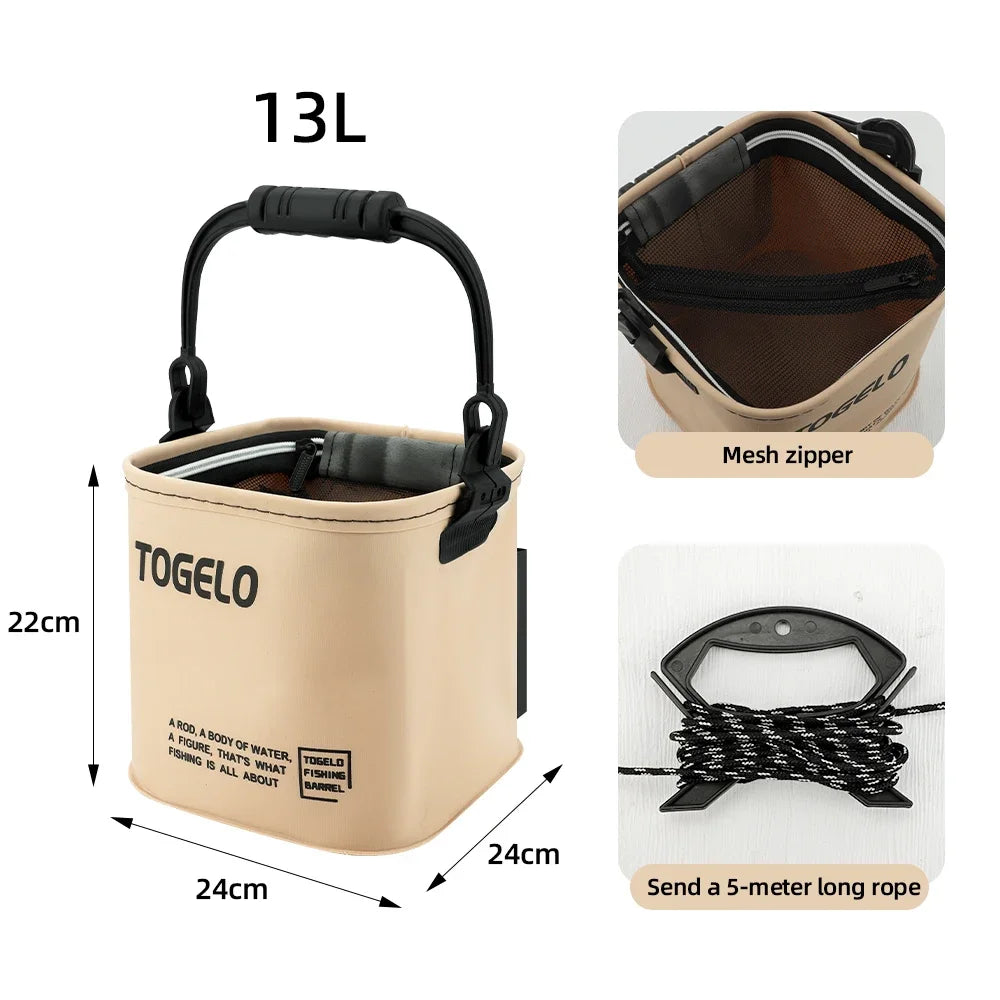 8L/13L Collapsible Handheld Fishing Bucket for Wild Fishing Live Fish Storage Pail with Fish Guard Outdoor Fishing Container Quake 13L