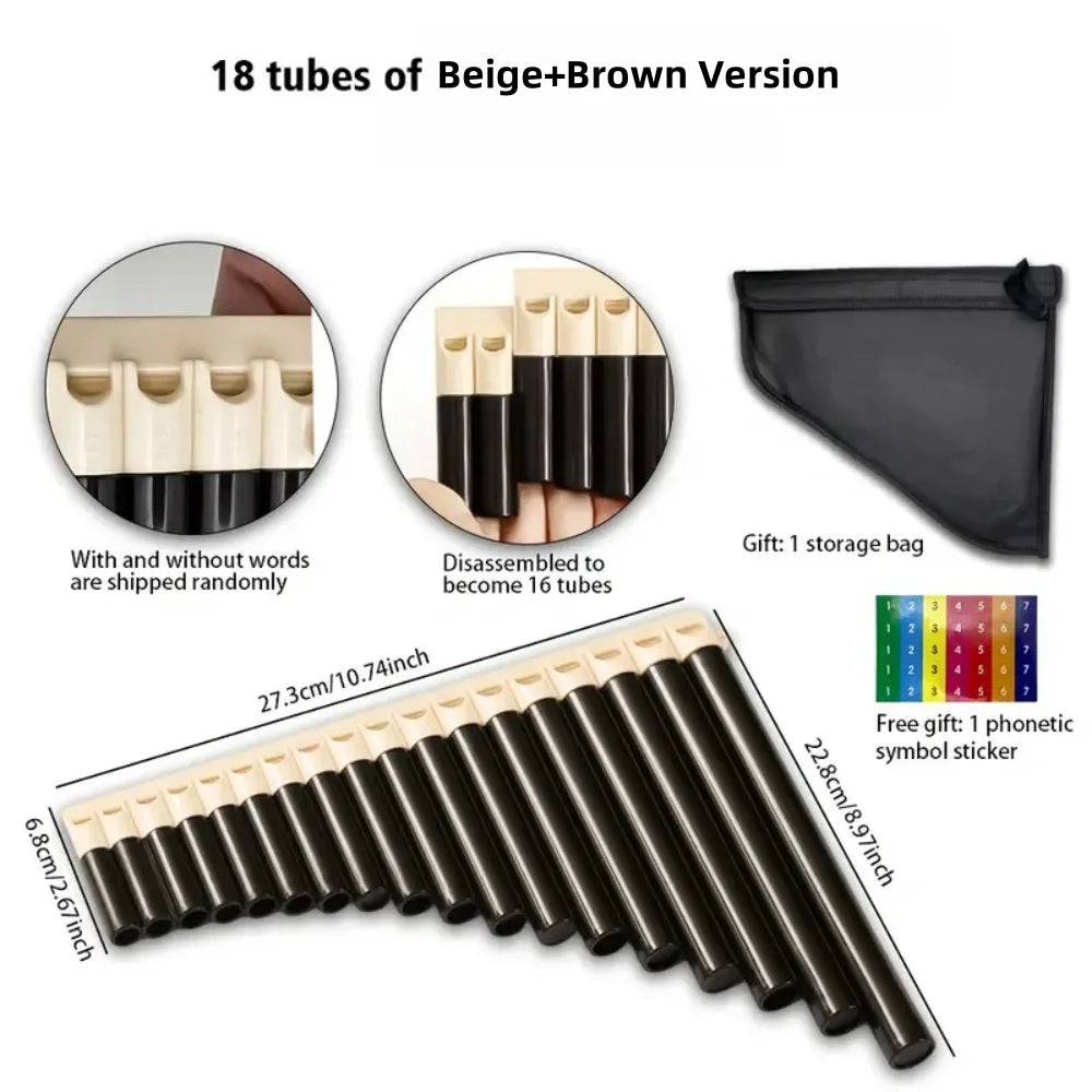 18-Tube Pan Flute, 18-Pipe Panpipe, Disassemblable to 16-Tube, ABS Material, Easy to Play, for Performance, Teaching, and Practi Quake beige with brown