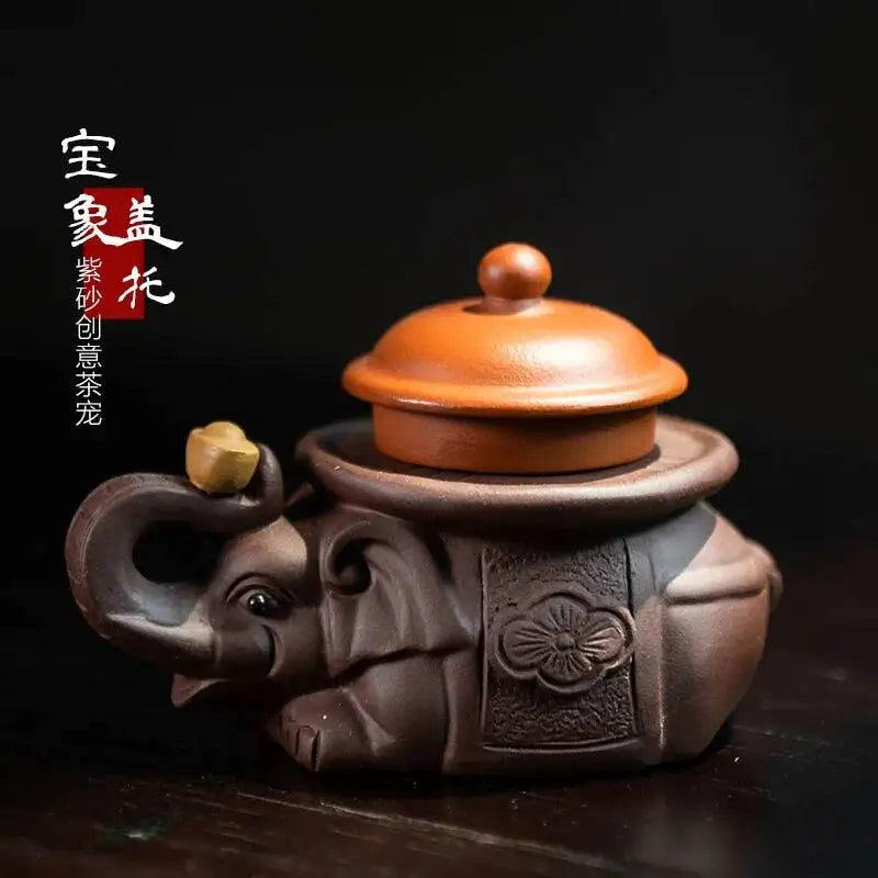 Zisha Tea Pet Elephant Ornament Teapot Lid Holder Handmade Ingot Elephant Sculpture Tea Play Accessories Quake