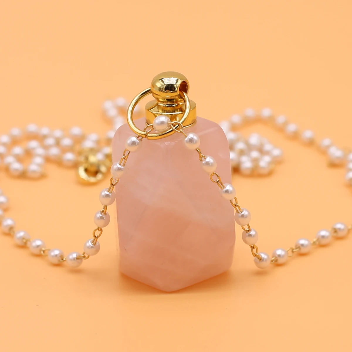 Perfume Bottle Necklace Natural Stone Rose Quartz Perfume Bottle Faceted Pendant For Women Christmas Halloween Gift Chain 80cm Quake