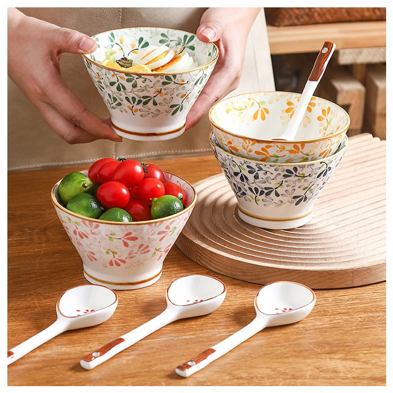 5 Inch Colorful Floral Ceramic Cone Bowls Vintage Japanese Porcelain Rice Soup Bowl Oven Microwave Safe Household Tableware Quake