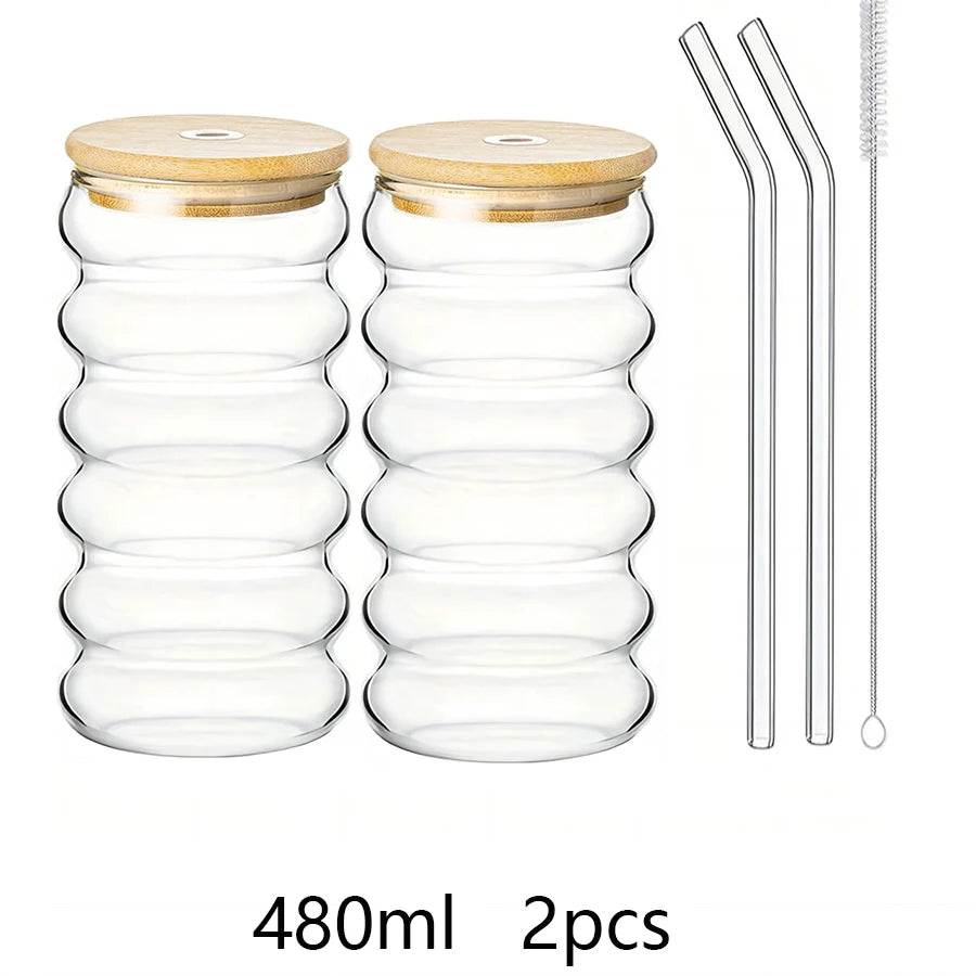 YWDL 350/480ml Heat-Resistant Wave Cup Set of 2 with Lid And Straw Beer Juice Ice Coffee Cocktail Fruit Glass Drinkware Quake 480ml