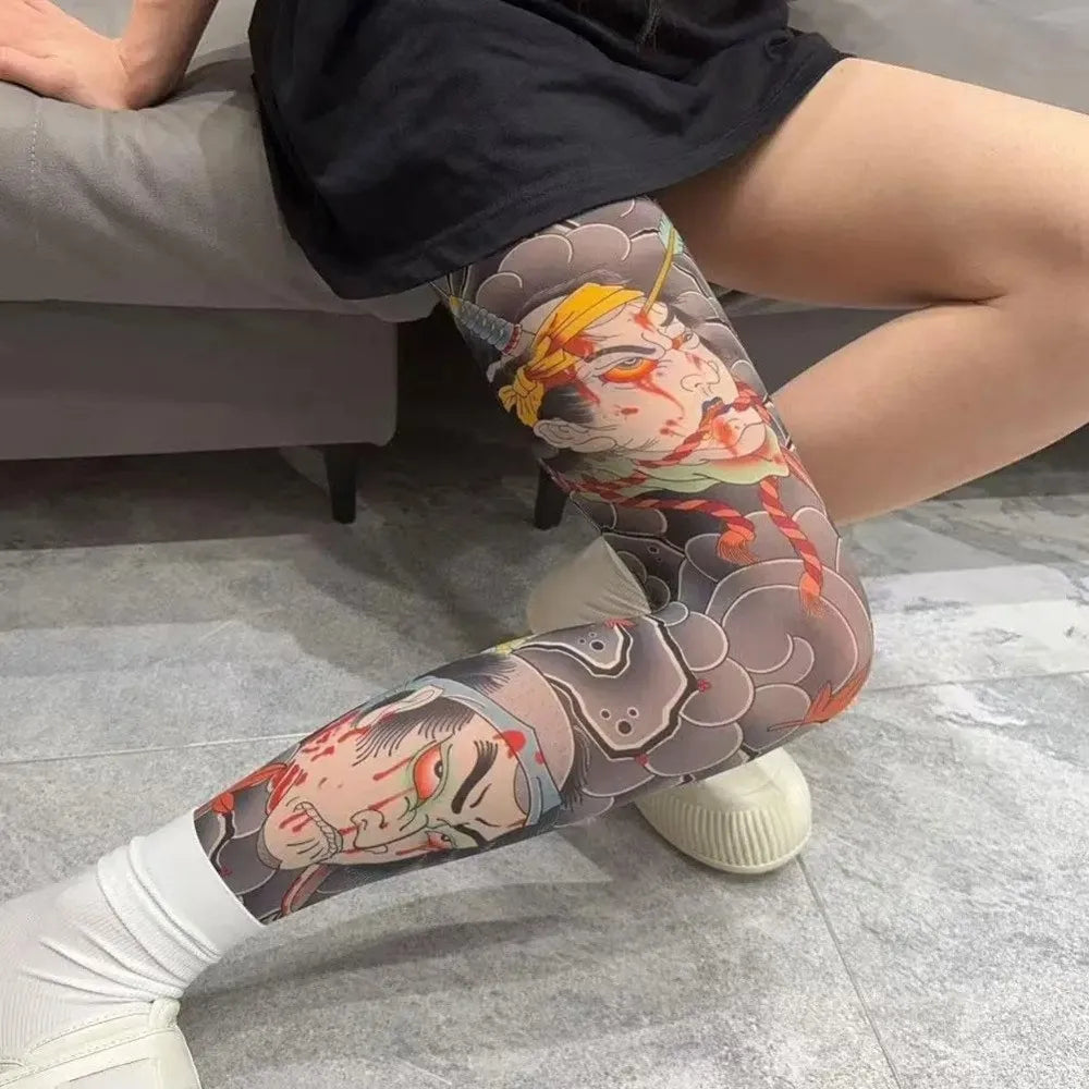 Full Leg Fake Tattoo Socks Printed Tights Cycling Fishing Elastic Socks Sun-proof Cool Personalized Driving Sexy Stockings Quake