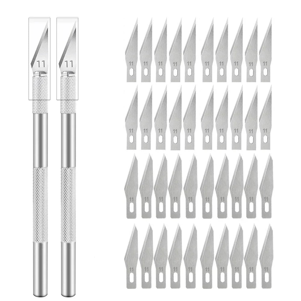 Repair Hand Tools Non-Slip Engraving Metal Knife Kit + 40/10pcs #11 Blades Cutter Craft Knives for Mobile Phone PCB Quake Silver
