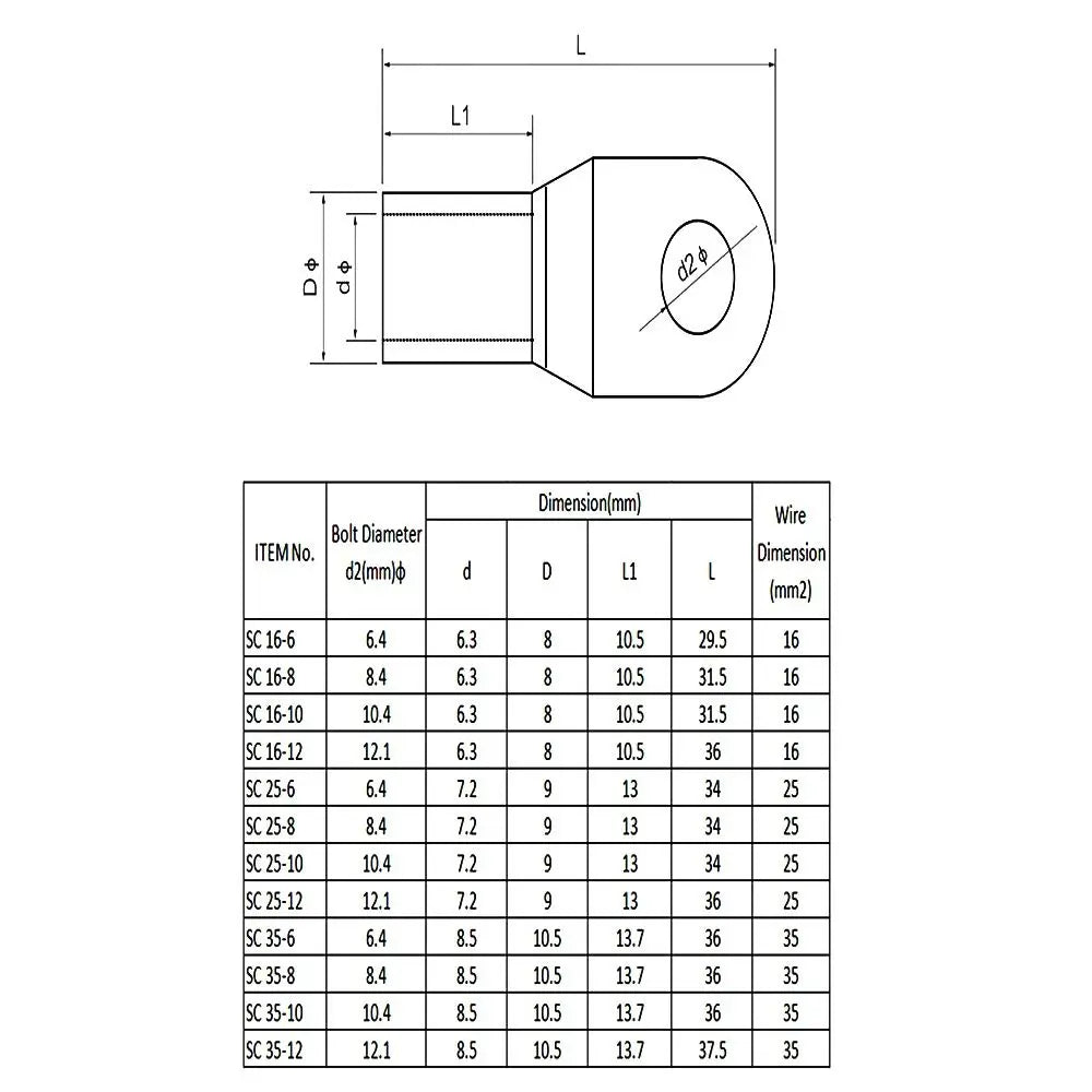 10Pcs 6mm 8mm 10mm SC16-6 SC25-6 SC35-6 Tinned Copper Cable Connector Kit SC Type Wire Nose Terminal Crimp Lugs Ring Quake