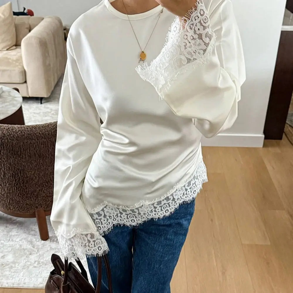 Fashion Belted Waist Lace Patchwork Top Asymmetrical Design Solid Color Lace-up Top Elegant Irregular Hemline Long Sleeves Women Quake