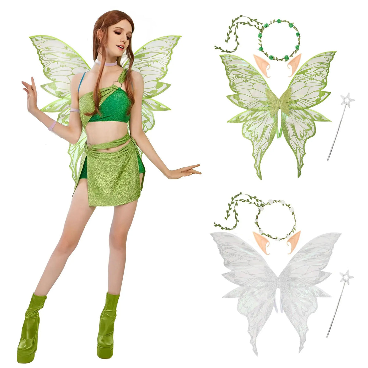 Flower Crown Fairy Costume Set Star Wand Gold Foil Fairy Butterfly Wings Dress-Up Elf Ears Sparkling Angel Wings for Kids Adults Quake