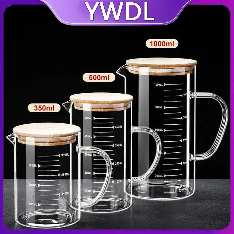YWDL Food Grade Glass Measuring Cups Kettle Kitchen Milk Tea with Lid and Handle Laboratory Beaker Measuring Mug 250-1000ML Quake