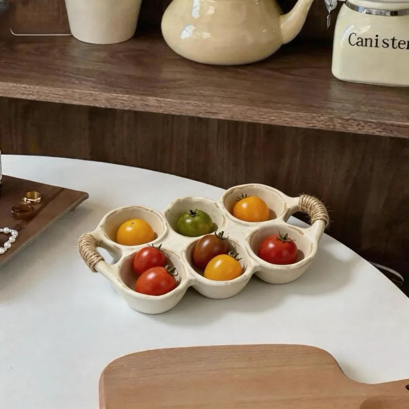 Vintage Ceramic Egg Storage Tray 6‑Grid Egg Holder with Rope Handle Refrigerator Kitchen Egg Container for Home Organization Quake