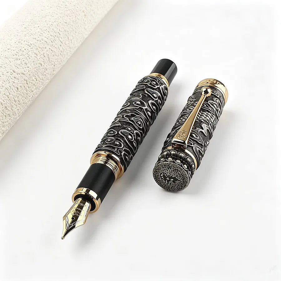 Jinhao Luxury Embossed Dragon Cloud Fountain Pen Vintage Antique Metal Carved M Nib Business Gift Calligraphy Writing Ink Pen Quake