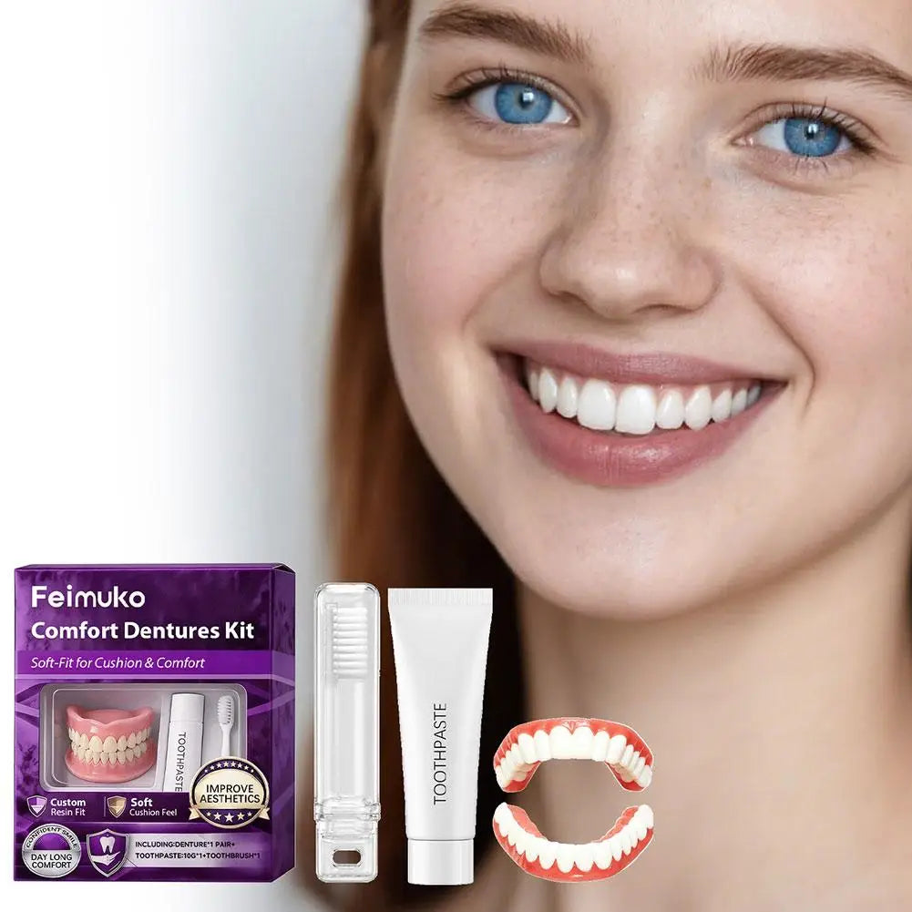 New Instant Smile Moldable Silicone Denture Kit, Natural Ivory Upper & Lower False Teeth With Toothbrush & Toothpaste Quake
