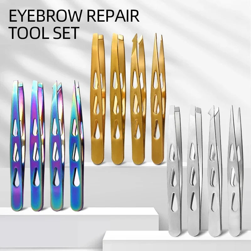 Professional 4-Pc Stainless Steel Eyebrow Tweezer Set – Precision Tweezers for Facial Hair, Splinters & Ingrown Hair Removal Quake
