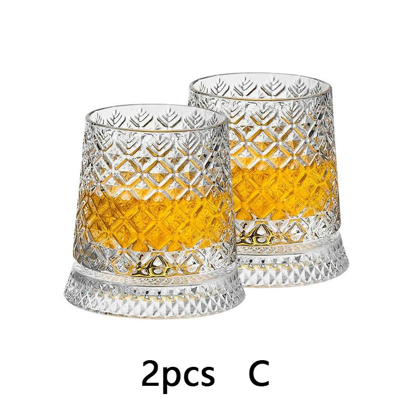 YWDL 360° Rotatable Whiskey Tumbler with Glass Base Embossed Crystal Whisky Glass Spinning Cup for Rum Cocktail Bar Party Gift Quake 2pcs C
