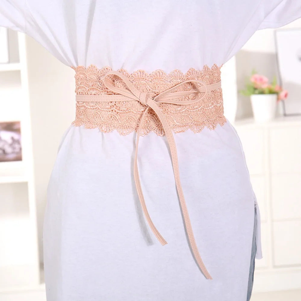 Boho Style Soft Lace Waist Belt Self Tie Wrap Around Bow Tie Belt Wide Cinched Waistband Obi Belt for Dresses Quake Pink