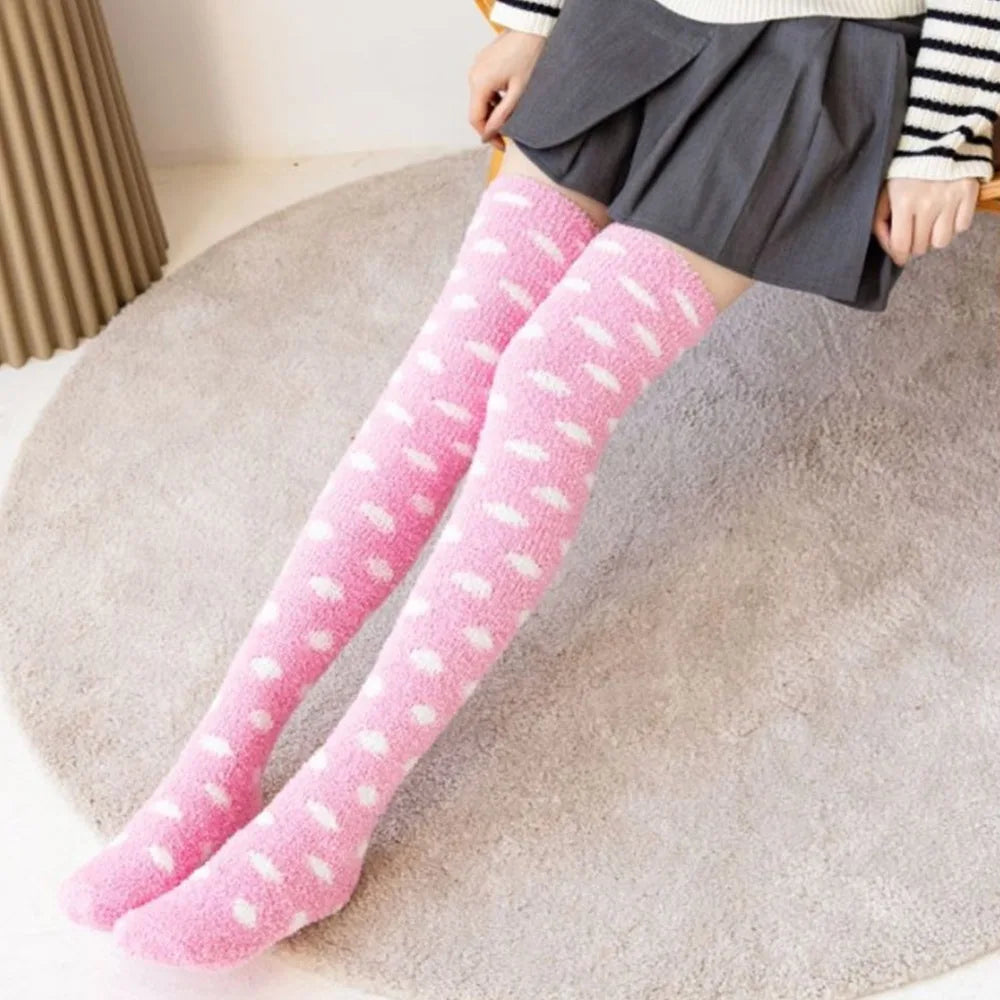 Soft Warm Striped Stockings Long Tube Comfortable Over Knee Socks Coral Velvet Cozy Lined Terry Socks Winter Quake 2 One Size