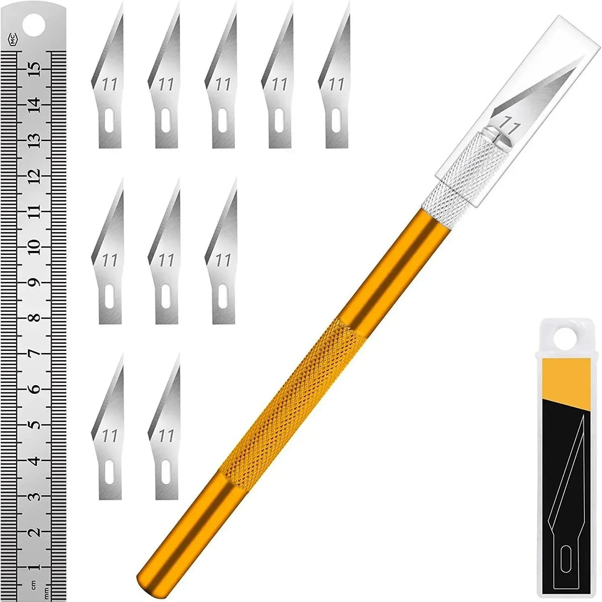 vvocci Exacto Hobby Blade Set with 11 Replacement Blades & Ruler – Precision Cutting Tool Quake M264 Yellow 10 blad