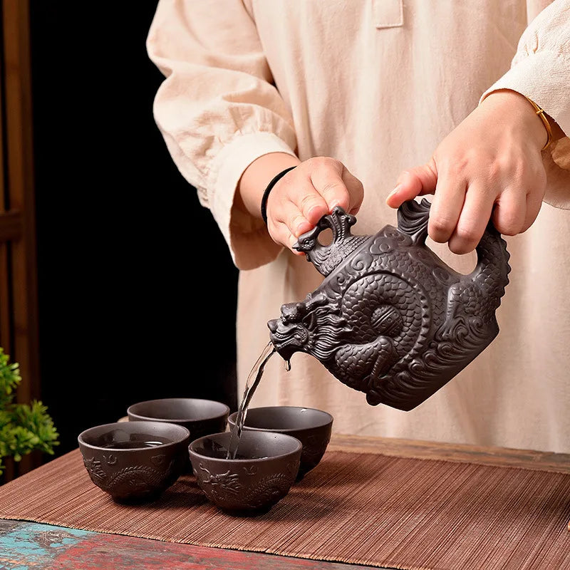 Chinoiserie large capacity dragon and phoenix teapot purple clay teapot kung fu tea set suit teapot tea maker Quake