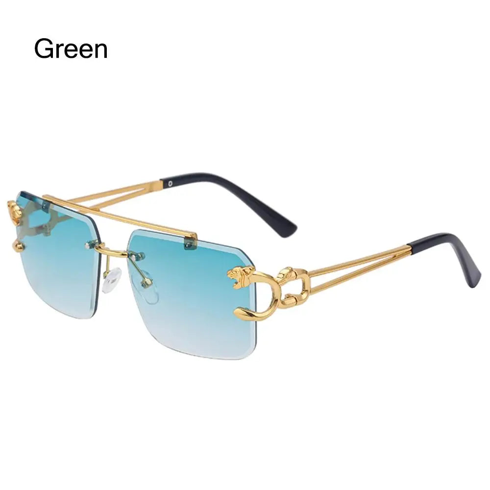 Fashion Retro Cheetah Decoration Sunglasses for Women Men Metal Steampunk Sun Glasses Summer UV400 Shades Trendy Rimless Eyewear Quake Green