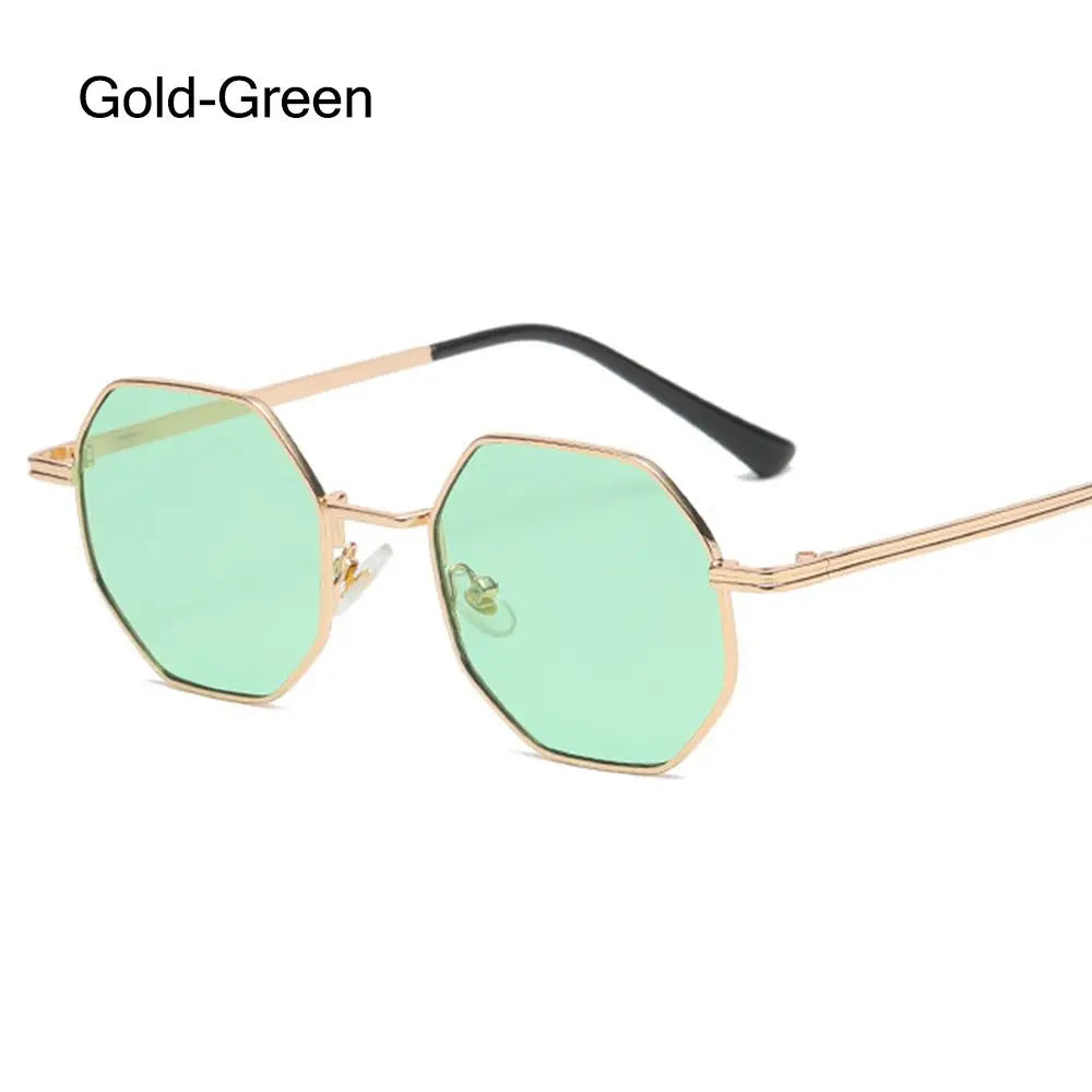 Summer UV Protection Sunglasses Fashion Polygon Sun Glasses for Women Men Trendy Classic Metal Frame Shades Eyewear Quake Gold-Green