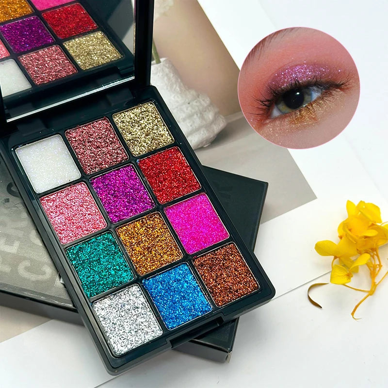 12-Color Glitter Eyeshadow Palette- Highly Pigmented,Long-Lasting Diamond Metal and Matte Shades for a Dazzling Eye Makeup Look Quake