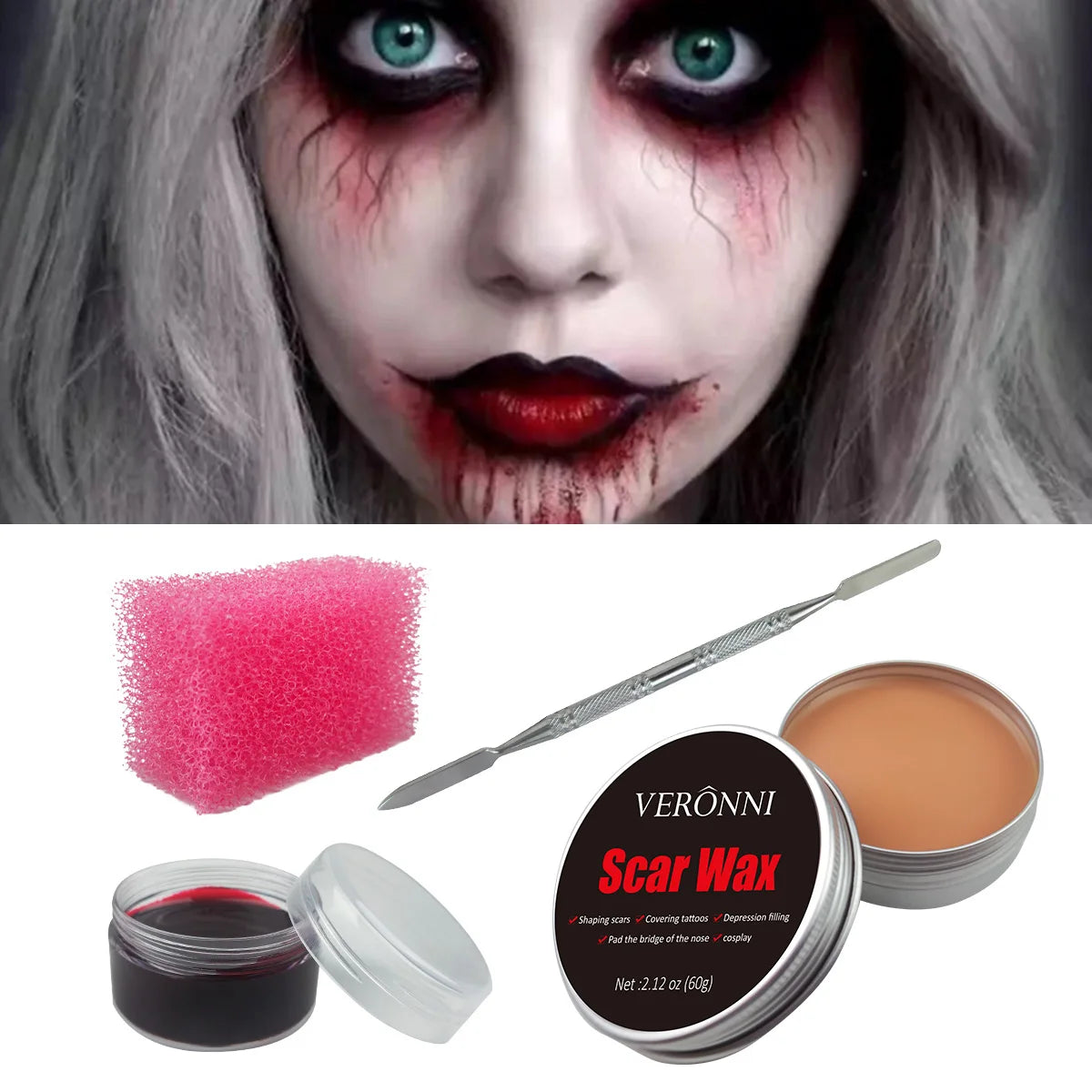 2/4/5PCS SFX Makeup Set Special Effect Halloween Party Wound Scar Wax Makeup with Spatula Sponge to Create a Blood Splash Shape Quake