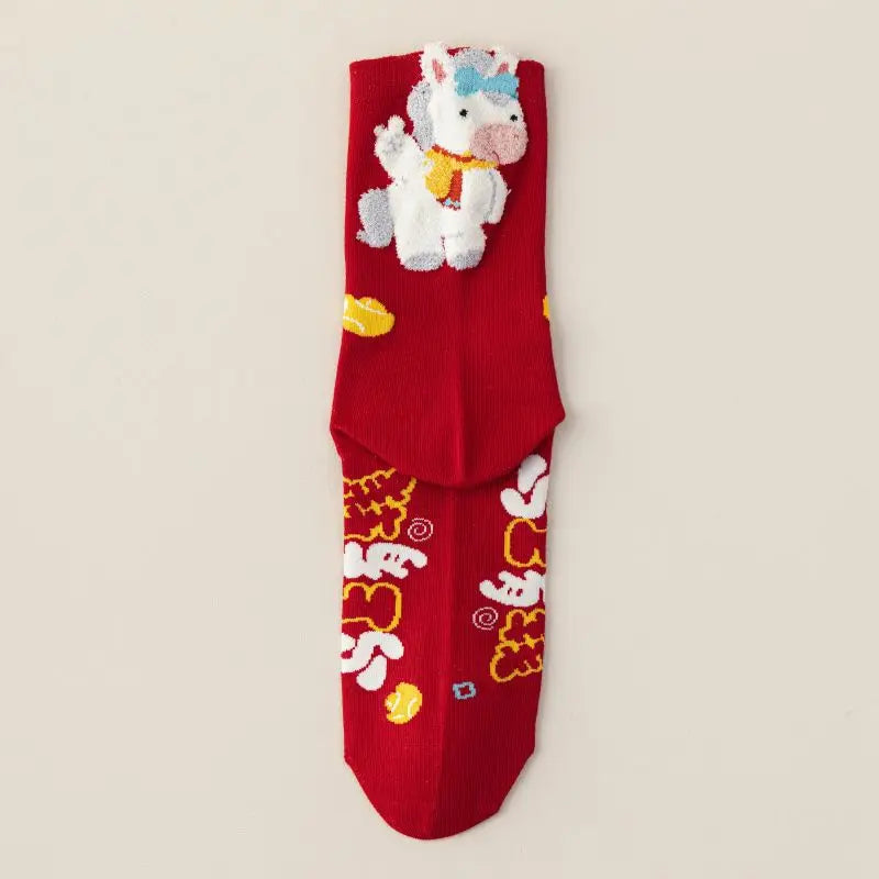 Year of The Horse Zodiac Year Red Socks Women's Autumn and Winter Mid Socks New Year Gifts Marriage Couple Quake heel horse One Size