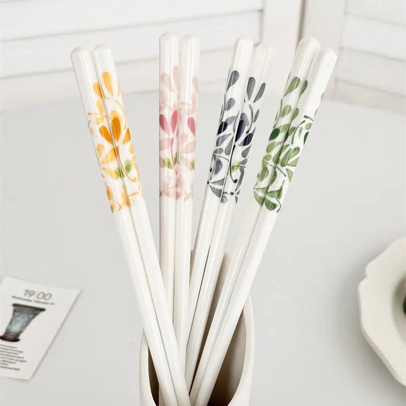 4/10 Pairs Ceramic Chopsticks-Four Seasons Floral Pattern, High Temperature Resistant, Easy to Clean, for Home & Restaurant Quake