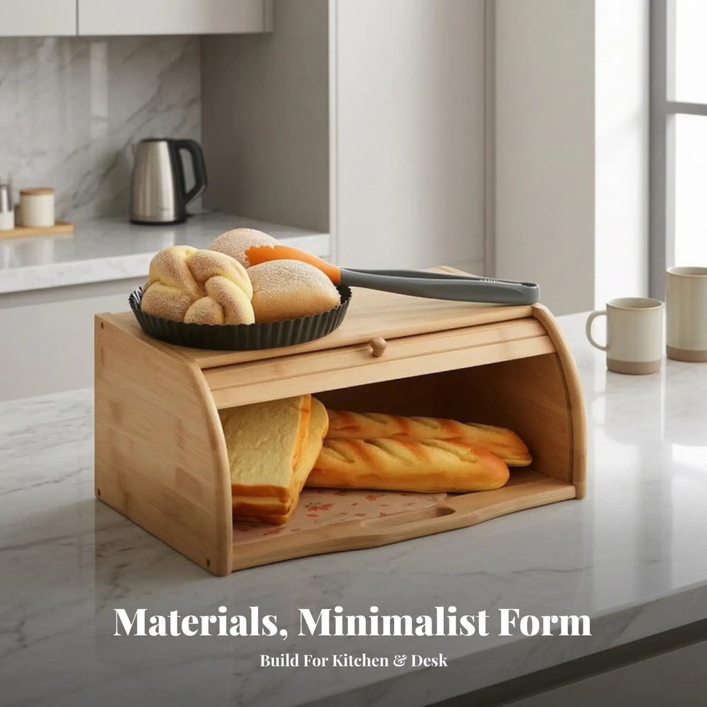 Bamboo Bread Bin with Slatted Roll Front Door for Kitchen Pastry Snack Storage Holder Quake
