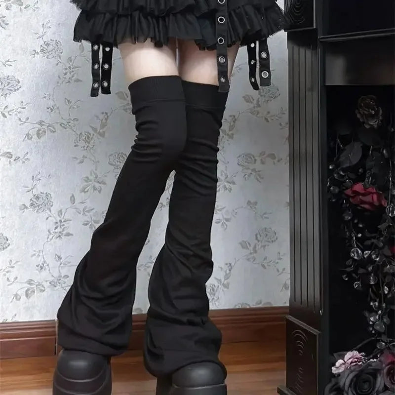 1 Pair Y2K Black White Gothic Lolita Over Knee High Socks Leg Stockings & Horn Shaped Cuffs Leg Warmers Quake