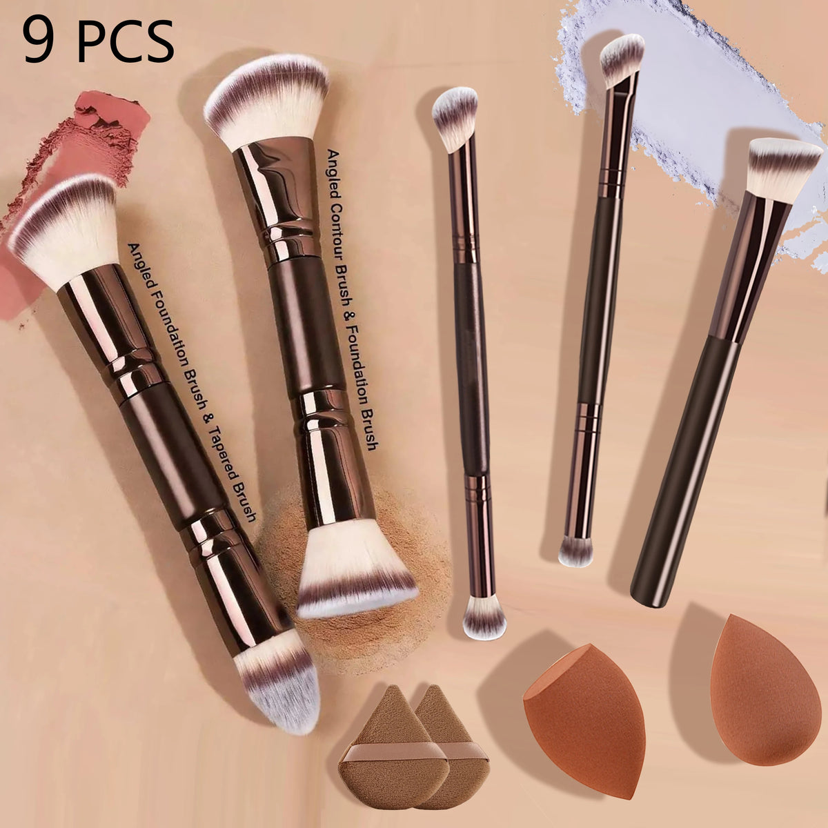 9 PCS Double-Ended Makeup Brush Set, Soft Bristles, for Blush, Powder, Concealer, Eye Shadow, Foundation,Includes Makeup Sponge Quake