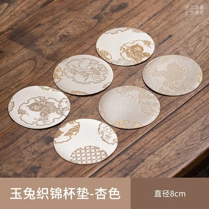 Chinese Tea Set Brocade Coaster Double-Sided Cup Mat Fabric Round Heat Insulation Mat Teapot Mat Diameter 8cm Traditional Quake Set of 6 - Apricot