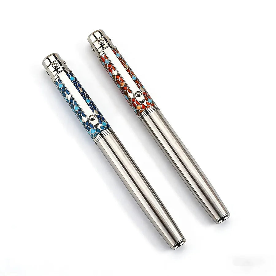 High-Grade Stainless Steel Metal Ballpoint Pen, Exquisite Enamel Decor Business Pen, 0.7mm Fine Point Smooth Writing Pen Quake