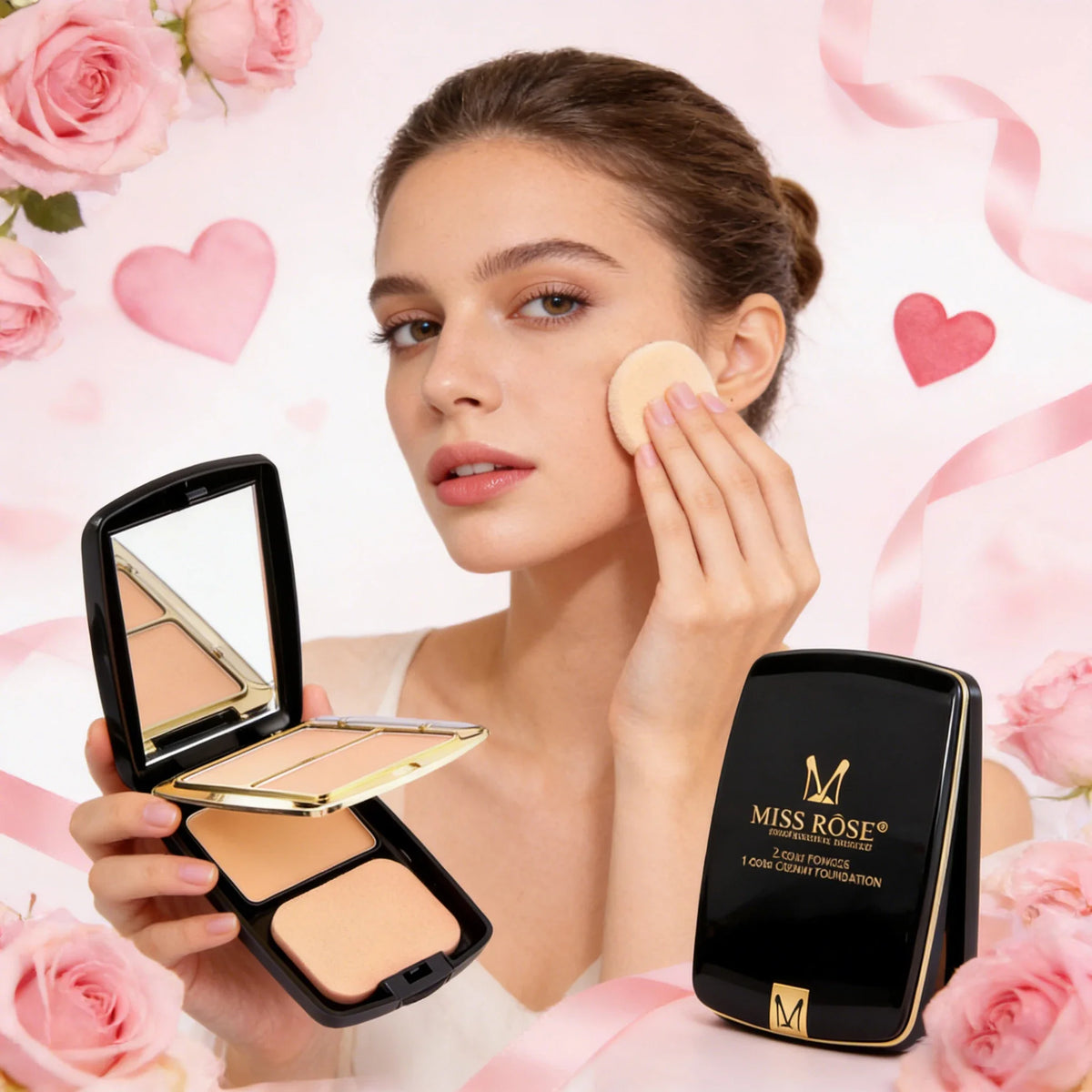 MISSROSE Double Layer Pressed Face Powder with Mirror 3 Natural Colors Lightweight Matte Finish Setting Powder for Valentine's Quake