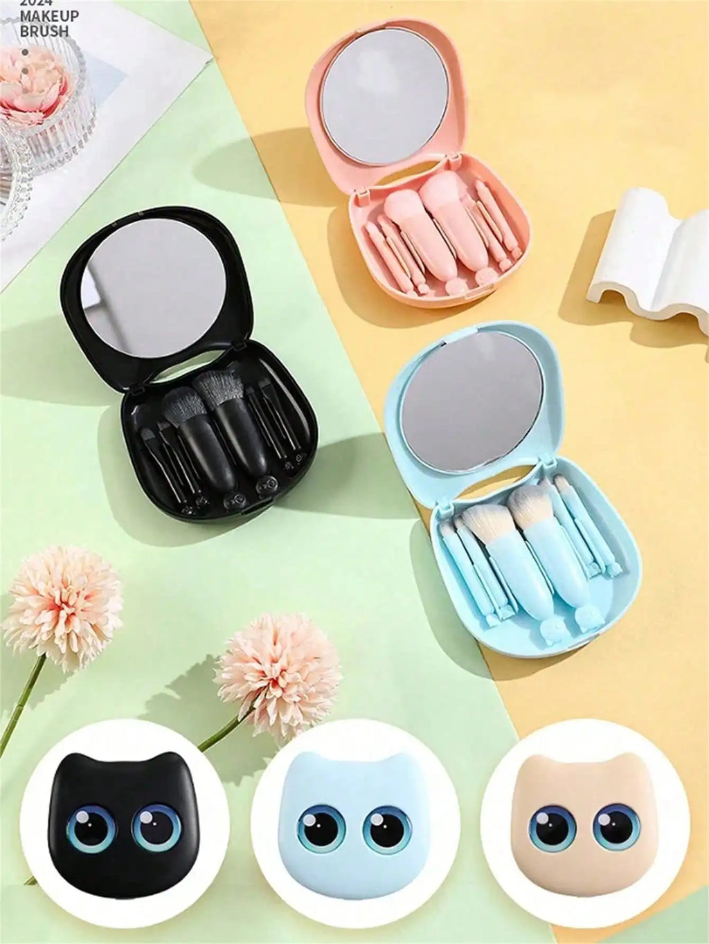1 Box 6pcs Mini Cute Cat Design Portable Makeup Brush Set - Powder Brush, Eyeshadow Brush, And Assorted Brushes Quake