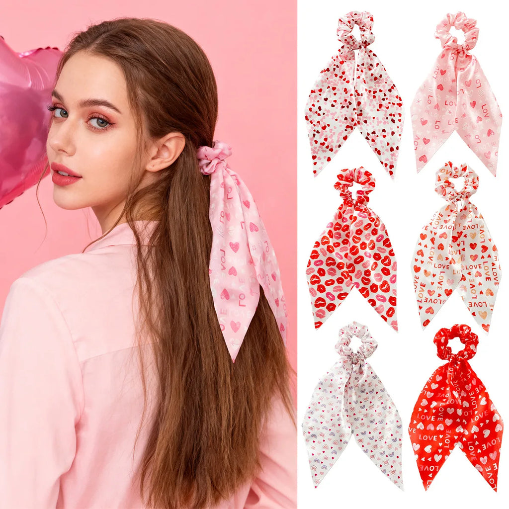 Chiffon Silk Floral Bow Hair Scrunchies Valentine's Day Women Hair Ropes Ties Elastic Rubber Bands Ponytail Holder Accessories Quake