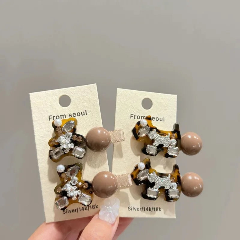 Korean Cute Leopard Pattern Duckbill Clip Water Diamond Puppy Full Diamond Side Clip Exquisite Fashion Bangs Hairpin for Girls Quake