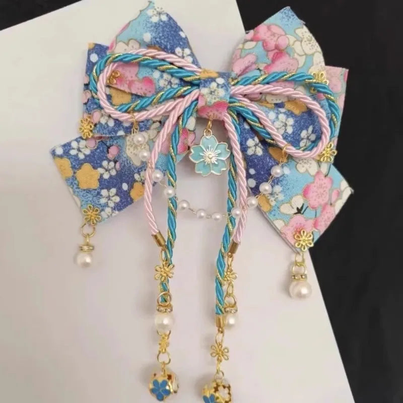 Japanese Style Girl with Hot Stamping Cherry Blossom Bow Hair Accessory Lolita Tassel Edge Clip Quake