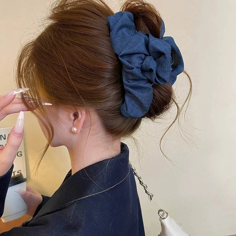 Korean Wrinkled Clouds Shark Clip Denim Cloth Ponytail Hairpin Female Elegant Temperament Fashion Female Hair Claw Accessories Quake