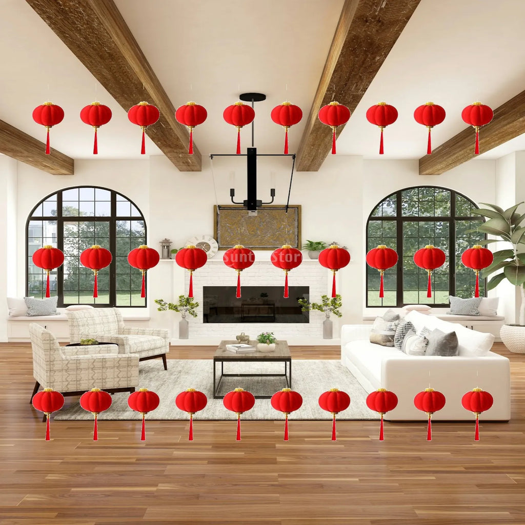 Small Chinese Lanterns Lucky Flocked Art Deco Hanging Ornaments for New Year Spring Festival Home Decor Quake