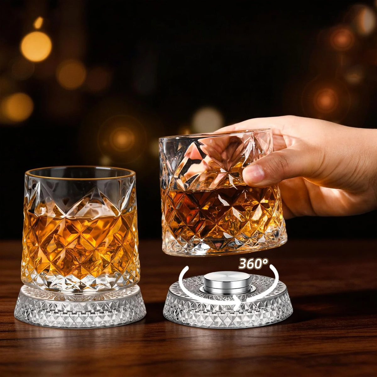 YWDL 360° Rotatable Whiskey Tumbler with Glass Base Embossed Crystal Whisky Glass Spinning Cup for Rum Cocktail Bar Party Gift Quake